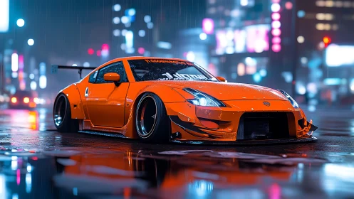 Neon-soaked orange street racer glows in midnight rain.