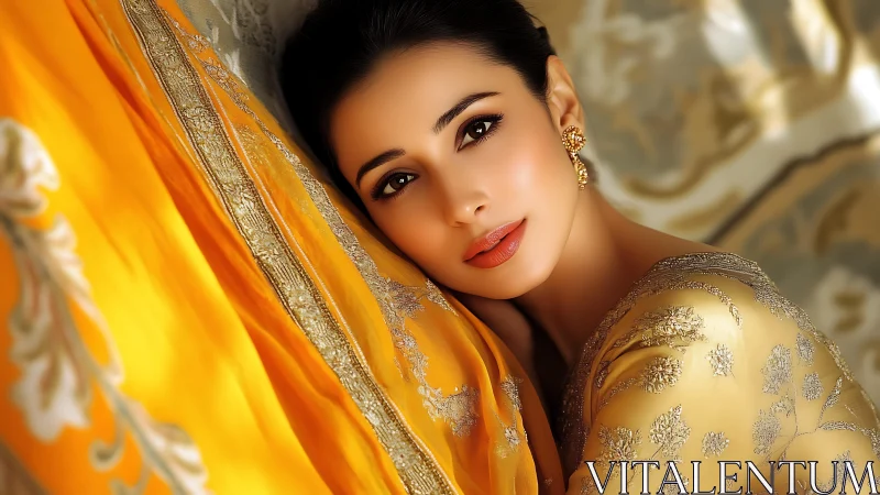 Elegant woman resting in golden embroidered silk fabric.