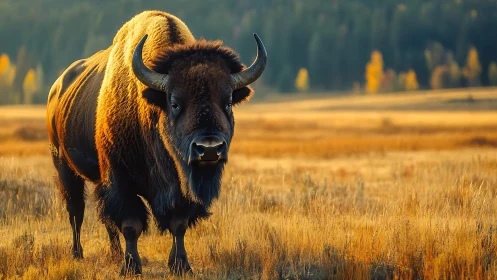 Golden-hour bison strolling through quiet autumn prairie.