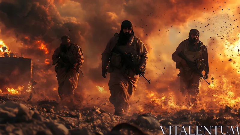 Three armed figures advance through dense fire and smoke