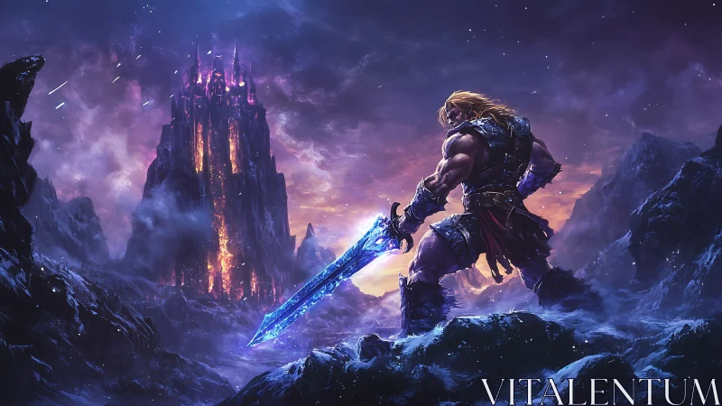 Warrior confronts burning citadel over frozen wasteland.