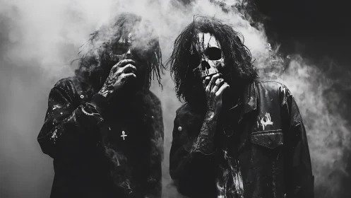Smoky monochrome portrait of masked figures in skull paint.
