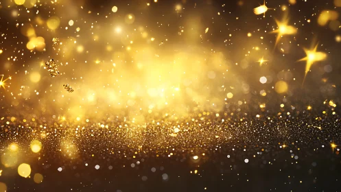 Gold glitter bokeh background with floating light particles.