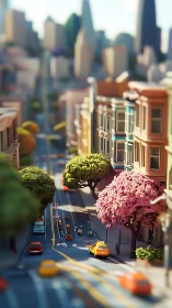 Steep urban street scene with stylized cars and housing.