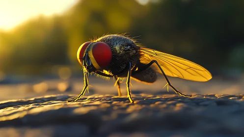 Golden hour close up of a curious fly in warm sunlight.