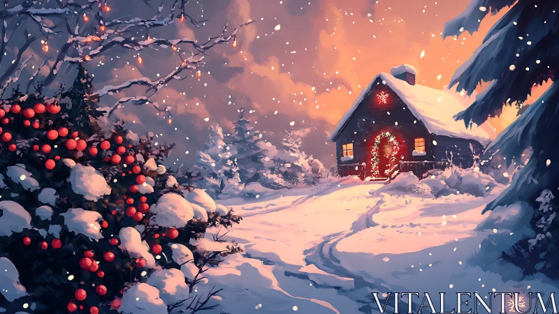 Luminous winter cabin with decorative snow-laden conifers at dusk.