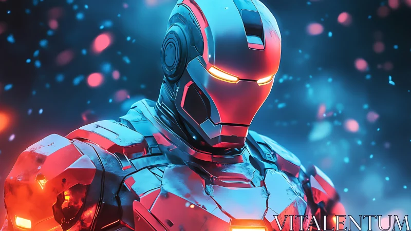 Armored humanoid figure in illuminated sci fi exosuit.