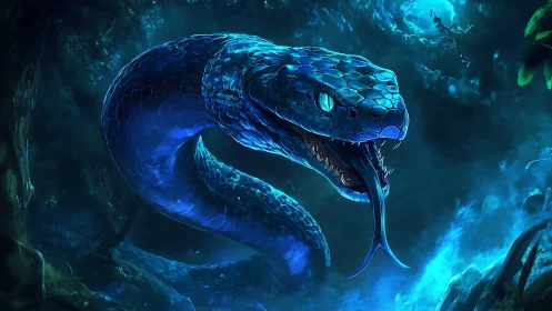 Electric blue serpent lunging through luminescent jungle.