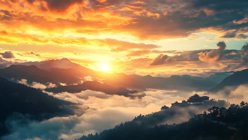 Sunrise illuminates tiered mountain temples above stratified cloud deck