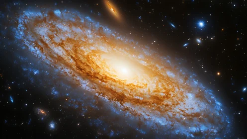 Edge-on spiral galaxy with luminous bulge, dust lanes, and star-forming rim