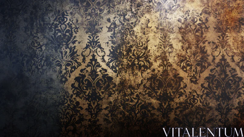 Aged baroque damask wallpaper reveals distressed patina