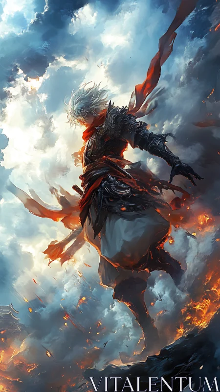 Armored white-haired figure in sky above burning landscape.