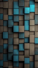 3D teal and brown stacked squares forming geometric wall.