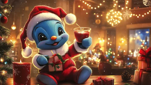 Cheerful blue holiday pal raising a toast by the tree.
