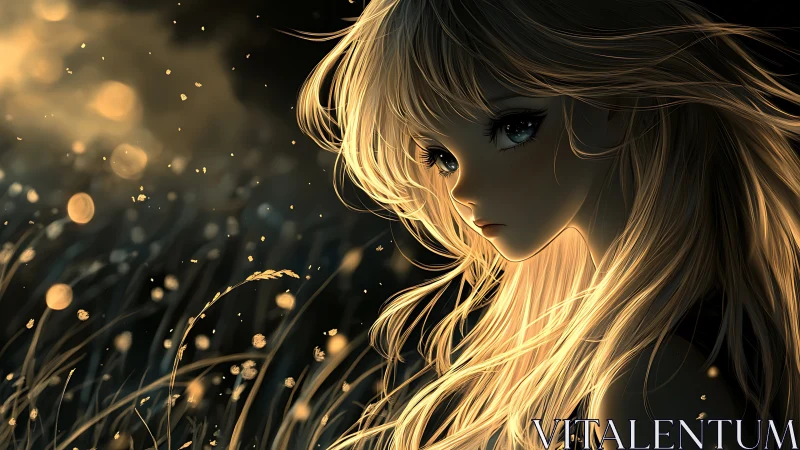 Golden dusk girl in a field of drifting firefly light.