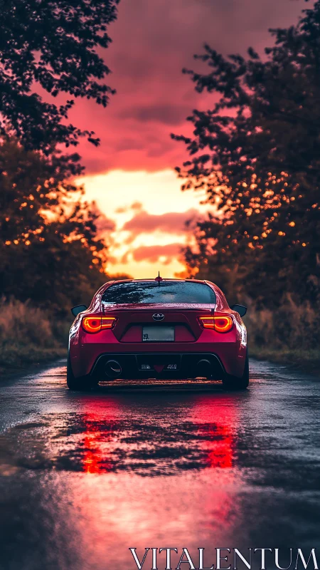Sporty red coupe glowing against a sunset drenched road.