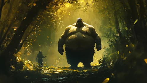 Giant warrior confronts a lone traveler in misty golden forest