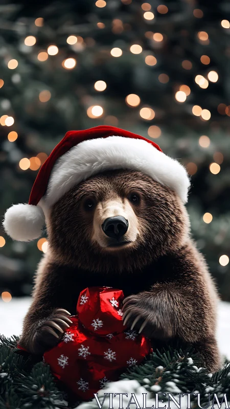 Festive baby bear cuddles Christmas gifts under soft lights