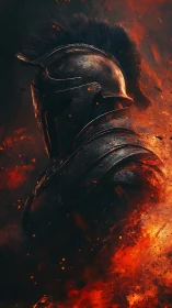 Armored warrior emerges through blazing embers and sparks.