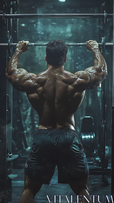 Shirtless bodybuilder lifts barbell in a dramatic gym glow