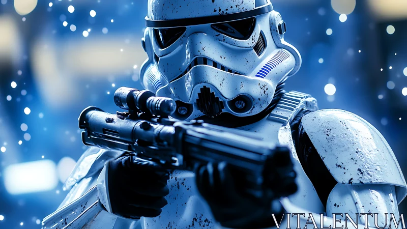 Armored sci‑fi trooper aims blaster in blue combat haze.