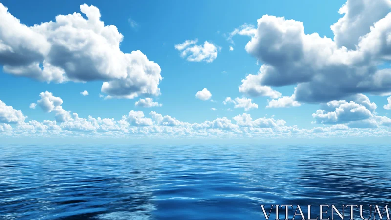 Ocean horizon fills frame under cumulus clouds and blue sky
