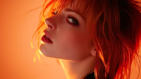 Side profile of woman with orange hair in warm light.