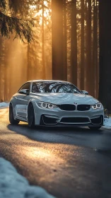 White coupe is parked on a wet forest road during sunset