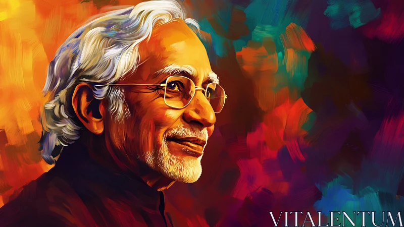 Warm-hearted elder in swirling prismatic portrait glow.