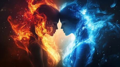Fire and ice energy forms flanking human silhouette profile