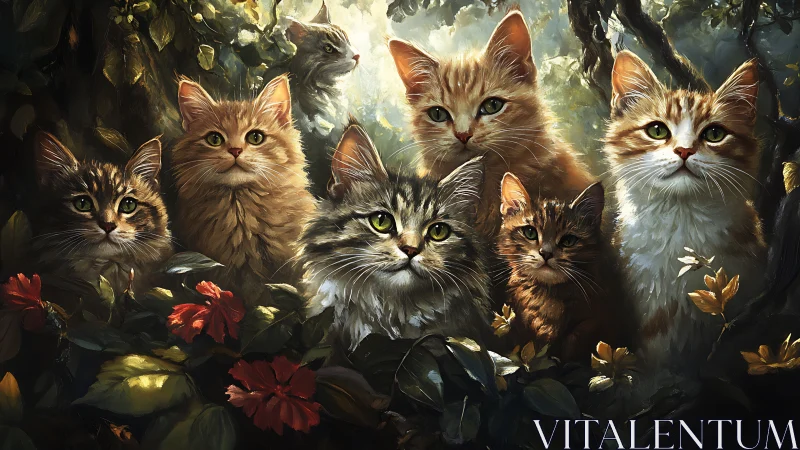 Luminous Feline Fellowship Emerges from Enchanted Forest Shadows