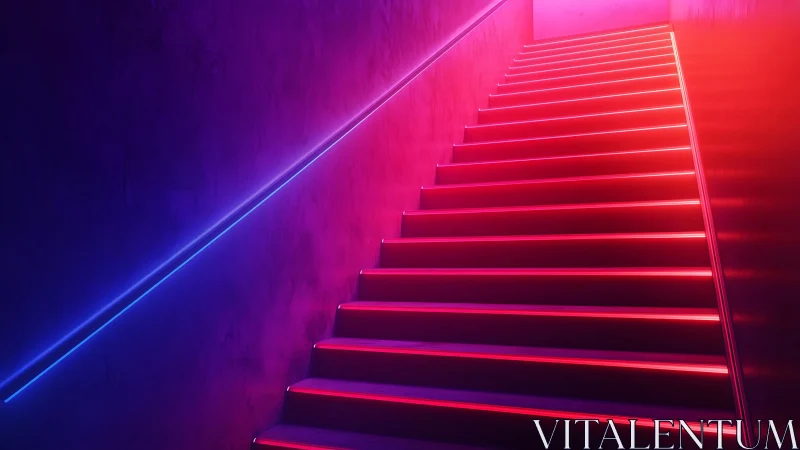 Neon illuminated stairway in gradient magenta blue corridor.