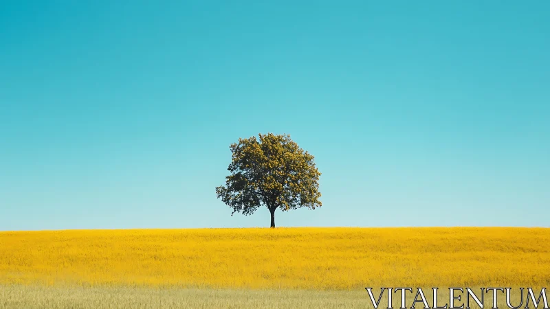 Solitary tree on golden field under cyan gradient sky.