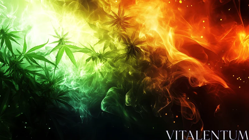 Cannabis leaves framed by fiery tricolor smoke gradient.