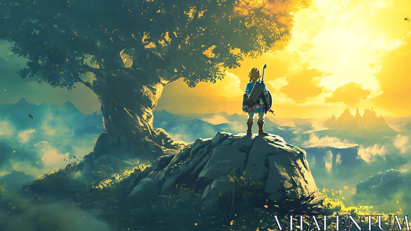 Backlit adventurer studies misty valley under high-contrast sky