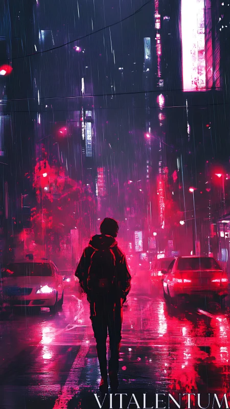 Neon rain writes lonely footsteps across the midnight avenue