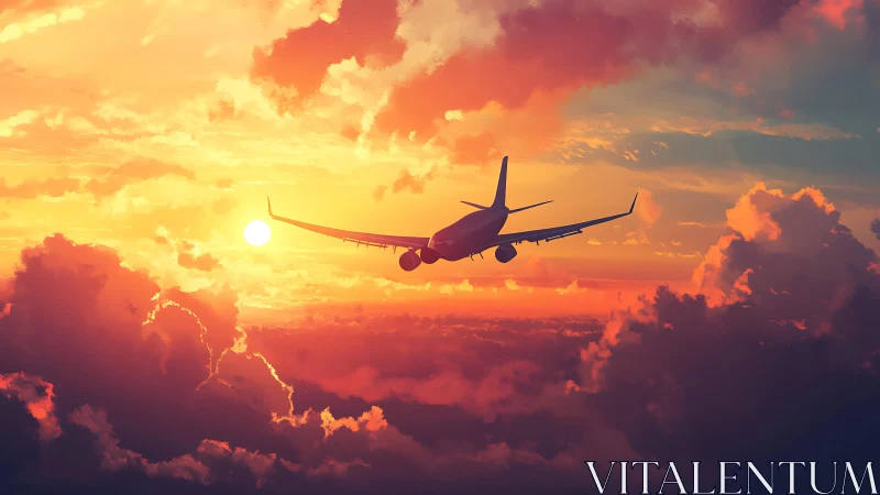 Passenger jet flying through vivid orange sunset clouds.