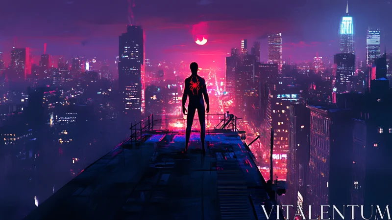 Silhouetted hero overlooks neon cyberpunk city skyline.