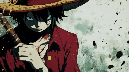 Straw hat swordsman grips blade amid storm of flying debris.