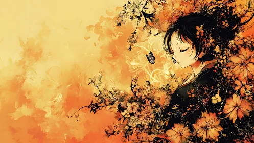 Anime portrait merges floral abstraction with warm gradient field