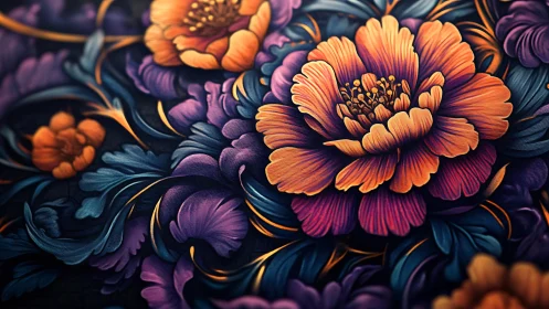 Chromatic macro florals with high-frequency digital detailing.