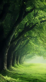 Tree-lined grass path recedes into atmospheric forest depth