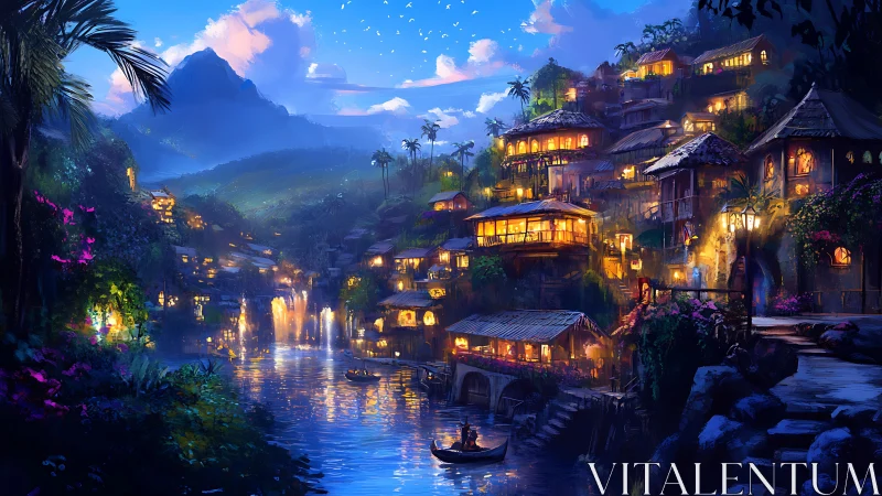 Riverside lantern village glowing under tropical twilight skies.