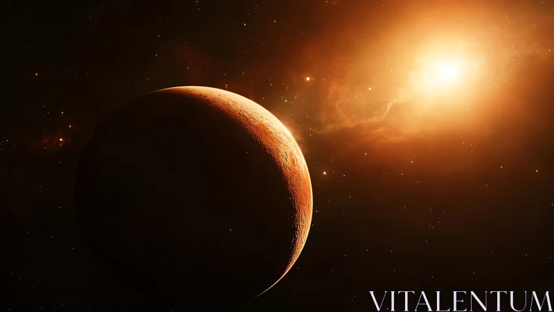 Silent red planet drifts in warm golden starlight glow