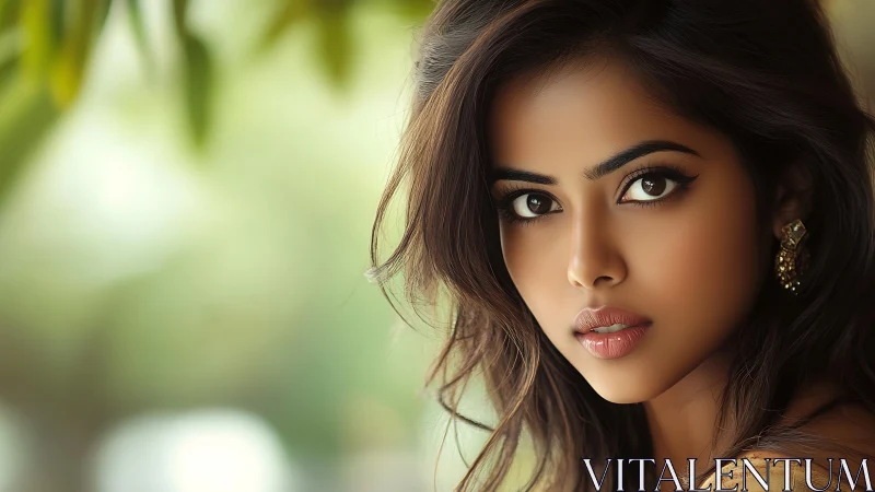 Close-up digital portrait of woman with soft bokeh greenery
