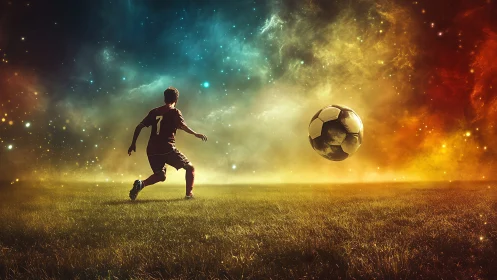 Soccer player and ball on field under cosmic sky backdrop.