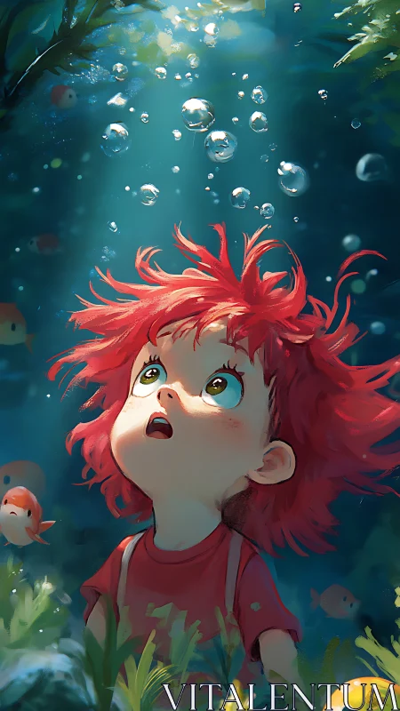 Wonderstruck red-haired child beneath glowing water bubbles.