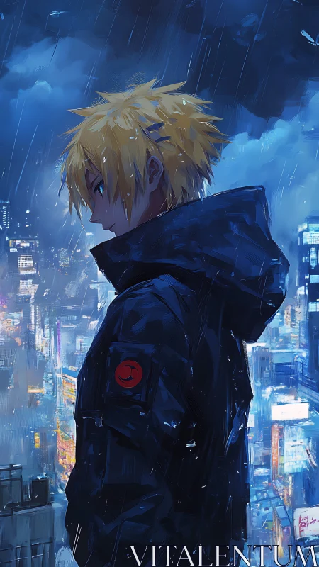 Solitary blonde figure in rain above neon cyberpunk cityscape