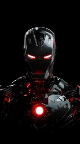 Helmeted robotic figure is rendered with red illuminated core