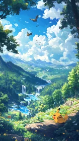 Pikachu enjoying a bright spring day in a peaceful valley.